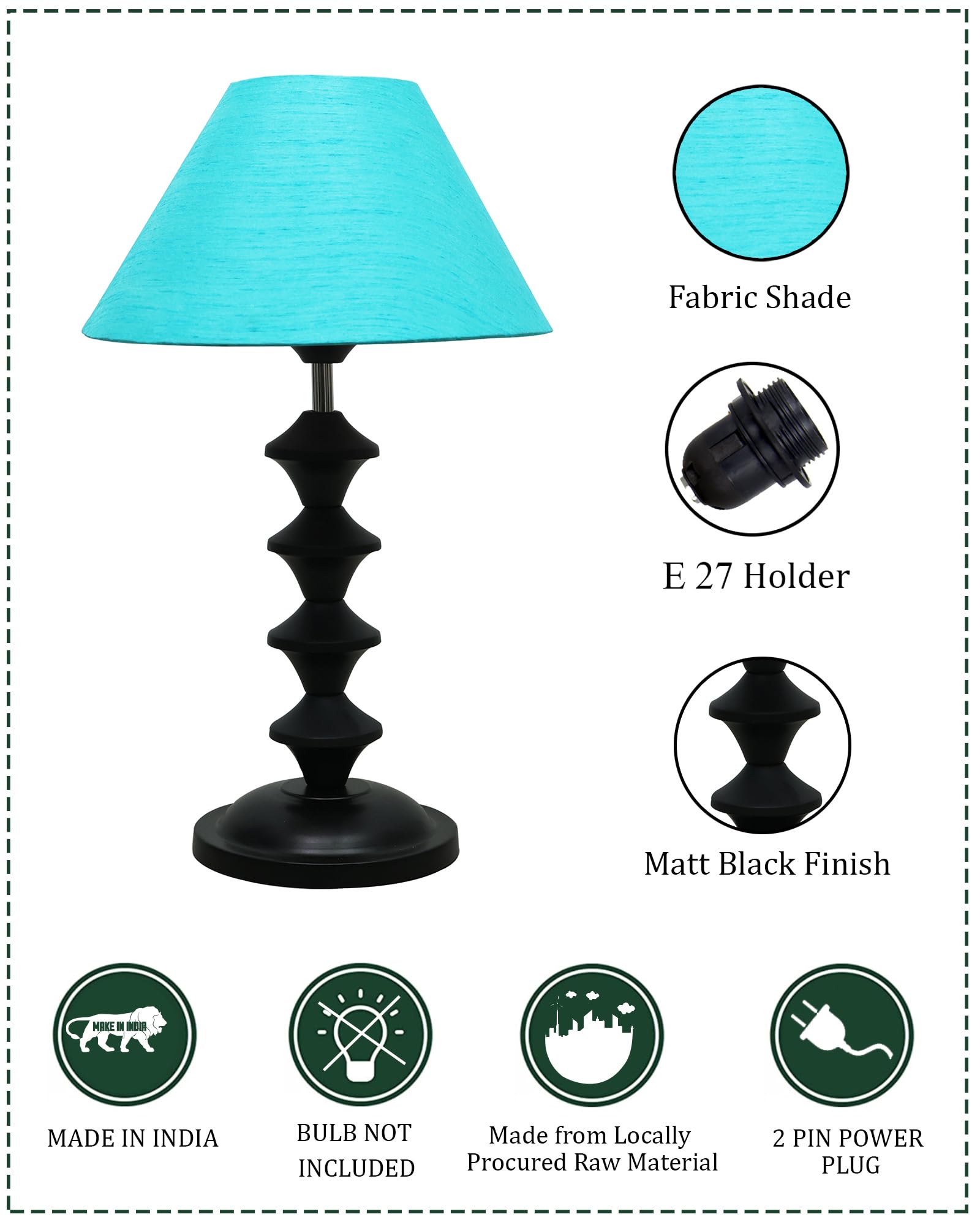 Black Metal Table Lamp with Fabric Shade, B22 holder, Pillar