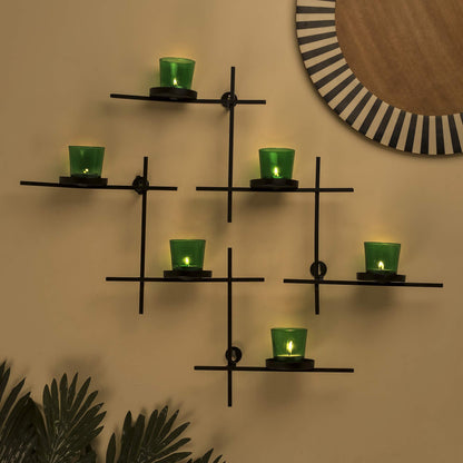 Homesake® Black Scorching Ladder with Six Votive Green, Wall Hanging Candle Tealight Holder, Set of 2