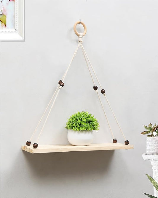 Wooden Wall Hanging Shelves ,Macrame Hanging Plant Shelf with Tassel,Boho Storage Floating Shelves Handmade Rustic Hanger Planter Rack Pot Stand Holder