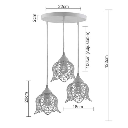 3-Lights Round Cluster Chandelier White Lotus Hanging Pendant Light with Braided Cord