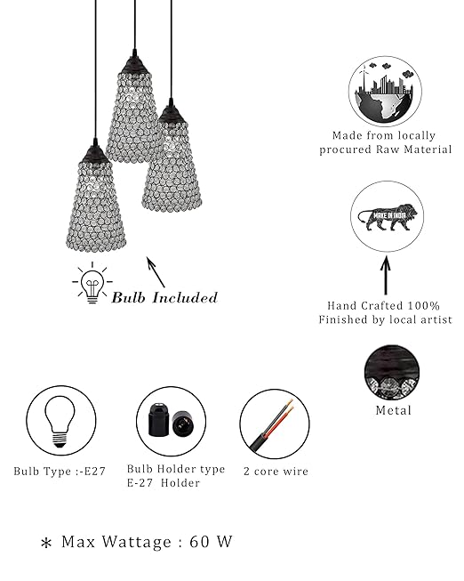 3-lights Round Cluster Chandelier  Crystal Cone Hanging Pendant Light with Braided Cord