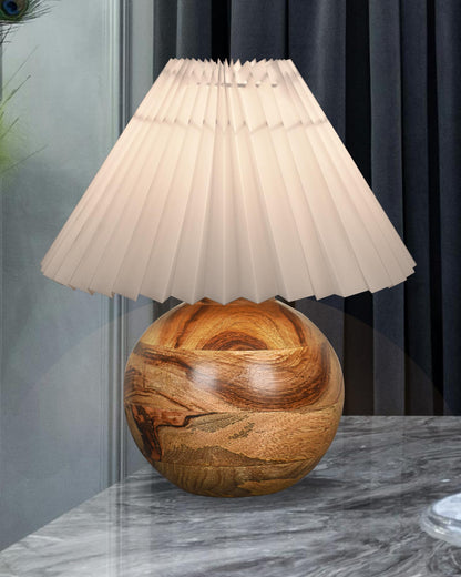 Round Wood Rustic Table Lamp for Bedroom, Living Room, Dining Room, Accent Table, Coffee Table, Nordic Fabric Shade, Pleated Jute