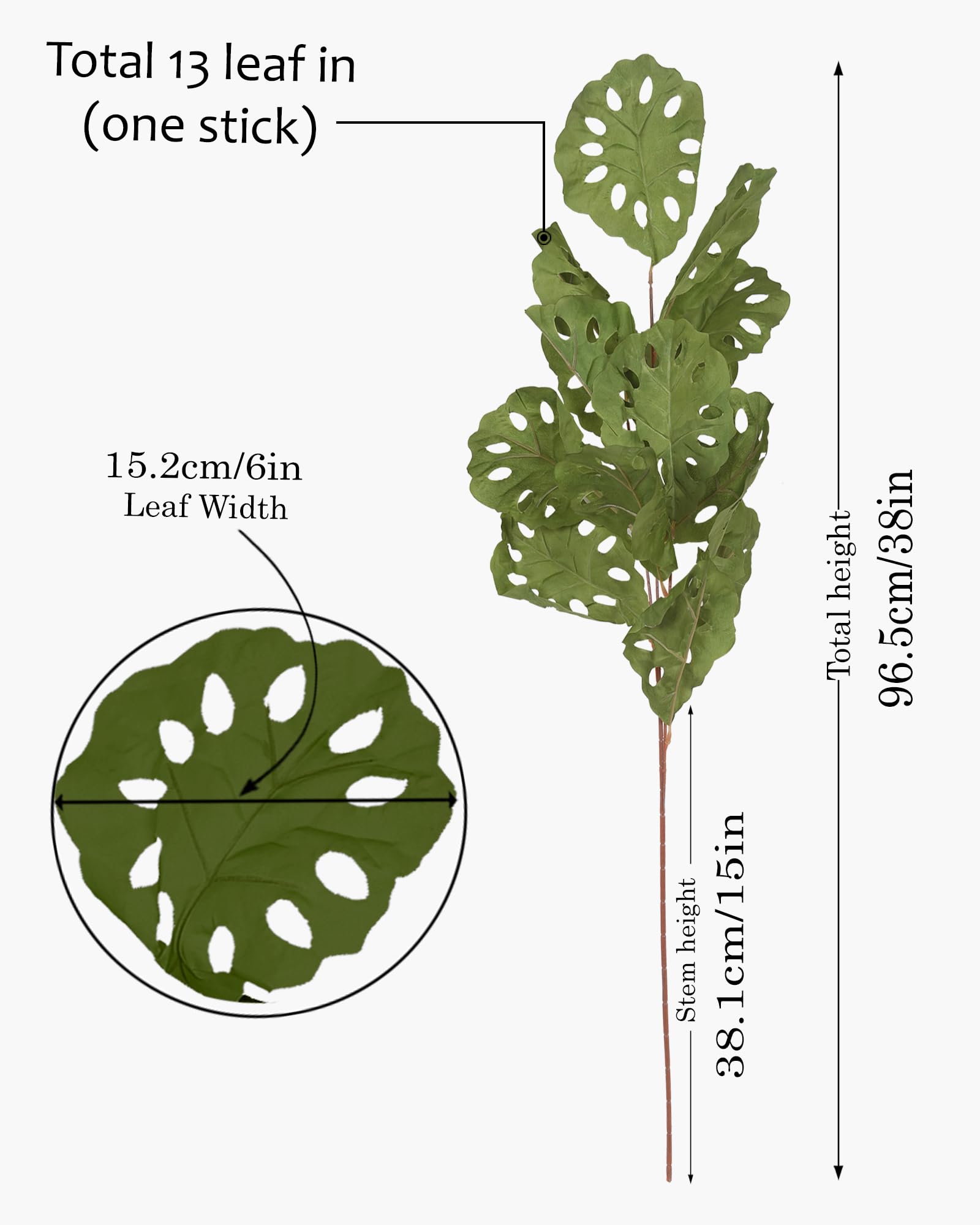 Homesake® Faux Long Monstera Leaf Stems, Set of 2 Artificial Branches with 5 Sticks Each, Pot Not Included, Decorative Plant for Vase, Tabletop, Living Room, Home Décor, Green