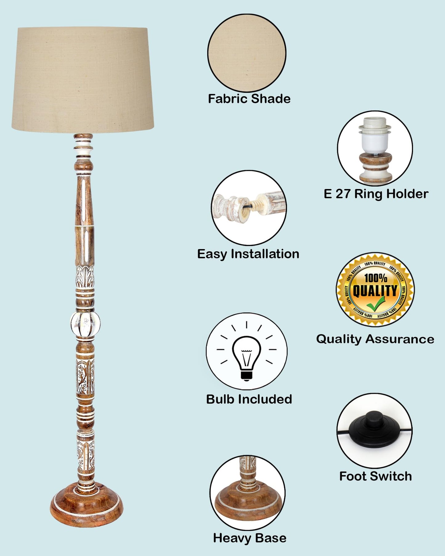 Royal Carving Antique white finish wooden floor lamp with Beige Fabric Lamp Shade