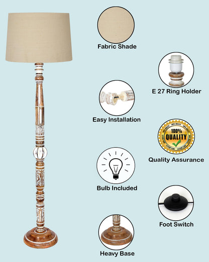 Royal Carving Antique white finish wooden floor lamp with Beige Fabric Lamp Shade