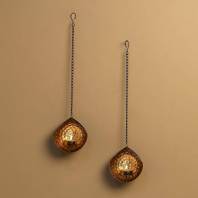 Metal tea-light drop hanging candle holder, set of 2