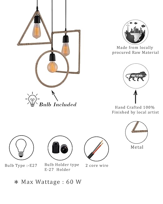 3-Lights Round Cluster Chandelier Hemp Rope Rectangle, Triangle, Round Hanging Pendant Light with Braided Cord