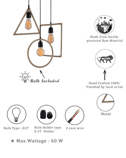 3-Lights Round Cluster Chandelier Hemp Rope Rectangle, Triangle, Round Hanging Pendant Light with Braided Cord