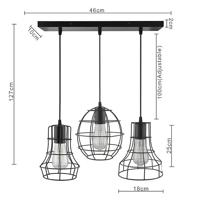 3-lights Linear Cluster Chandelier Metal hanging Pendant Light, kitchen area and dining room light
