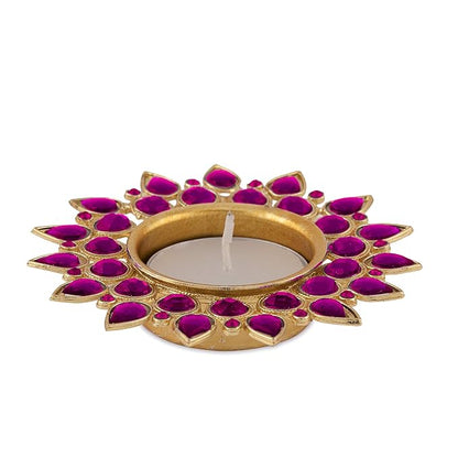 Crystal Diya with T-Light- Set of Four silver plates, candle holder stand with free candle