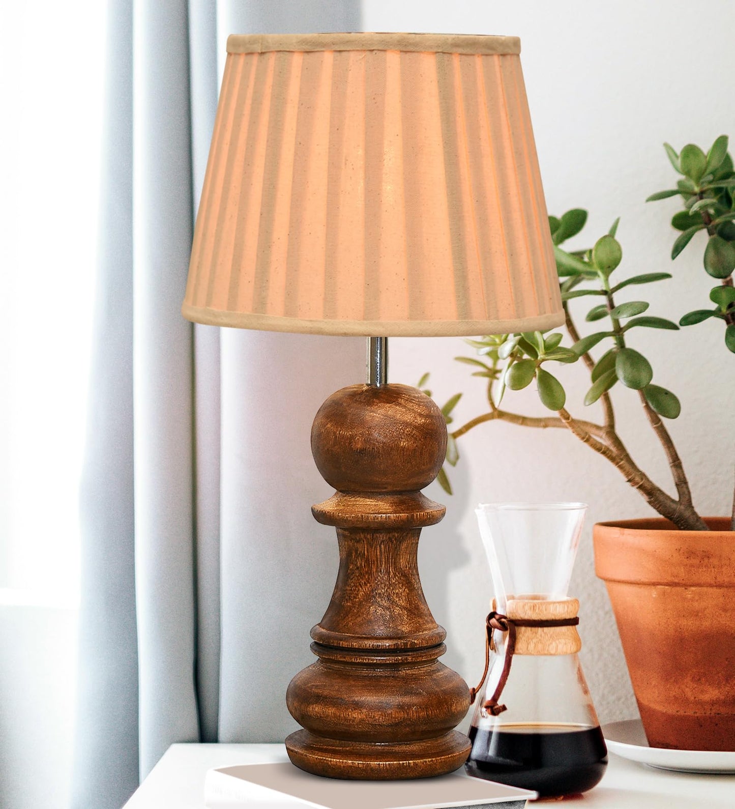 Chess Decorative Bedside Table Desk Lamp Linen Frilled Shade for Décor, Accent Light, Gameroom, Kids', Living Room, Bedroom, Handmade Wooden, Bishop