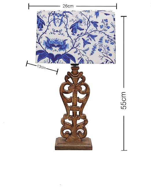 Sculptural Hand Carved Wood Table Lamp with Blue Birds shade, Mint Green.