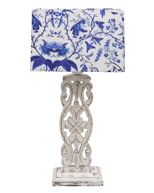 Sculptural Hand Carved Wood Table Lamp with Blue Birds shade, Mint Green.