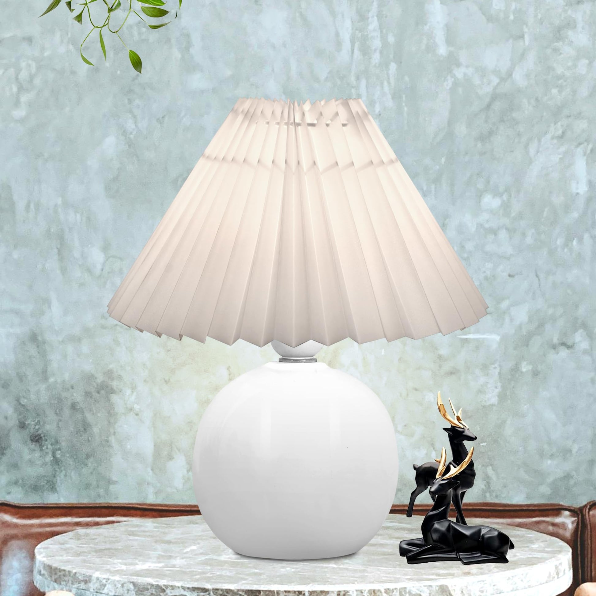 Bedside White Ceramic Table Lamp, Classic Desk lamp for Living Room Bedroom, Farmhouse Nightstand Lamps Round with Jute Pleated Shade