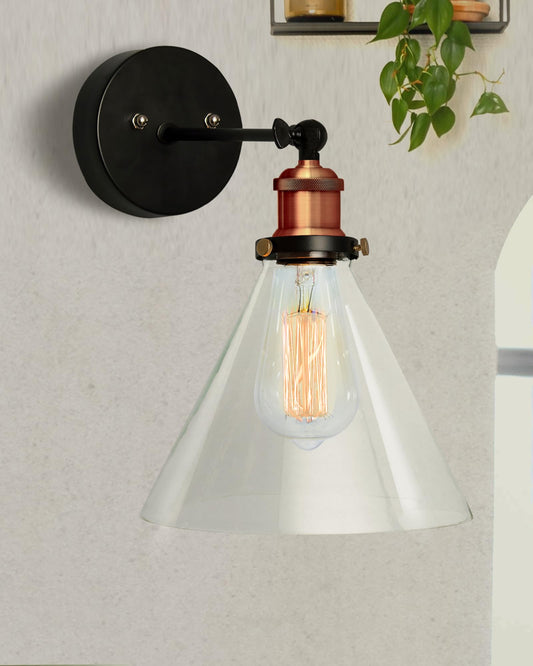 Edison Industrial Glass Cone Wall Lamp, Vintage Industrial Loft, E27 Holder, Decorative, Swing Wall Light, Filament/LED