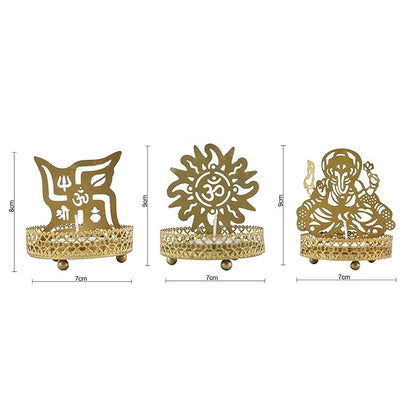 Set of 3 Shadow Ganesh Sathiya Om Metal Tea Light Holder, Brass finish Pooja Diwali Candle Holder with Free Wax diya