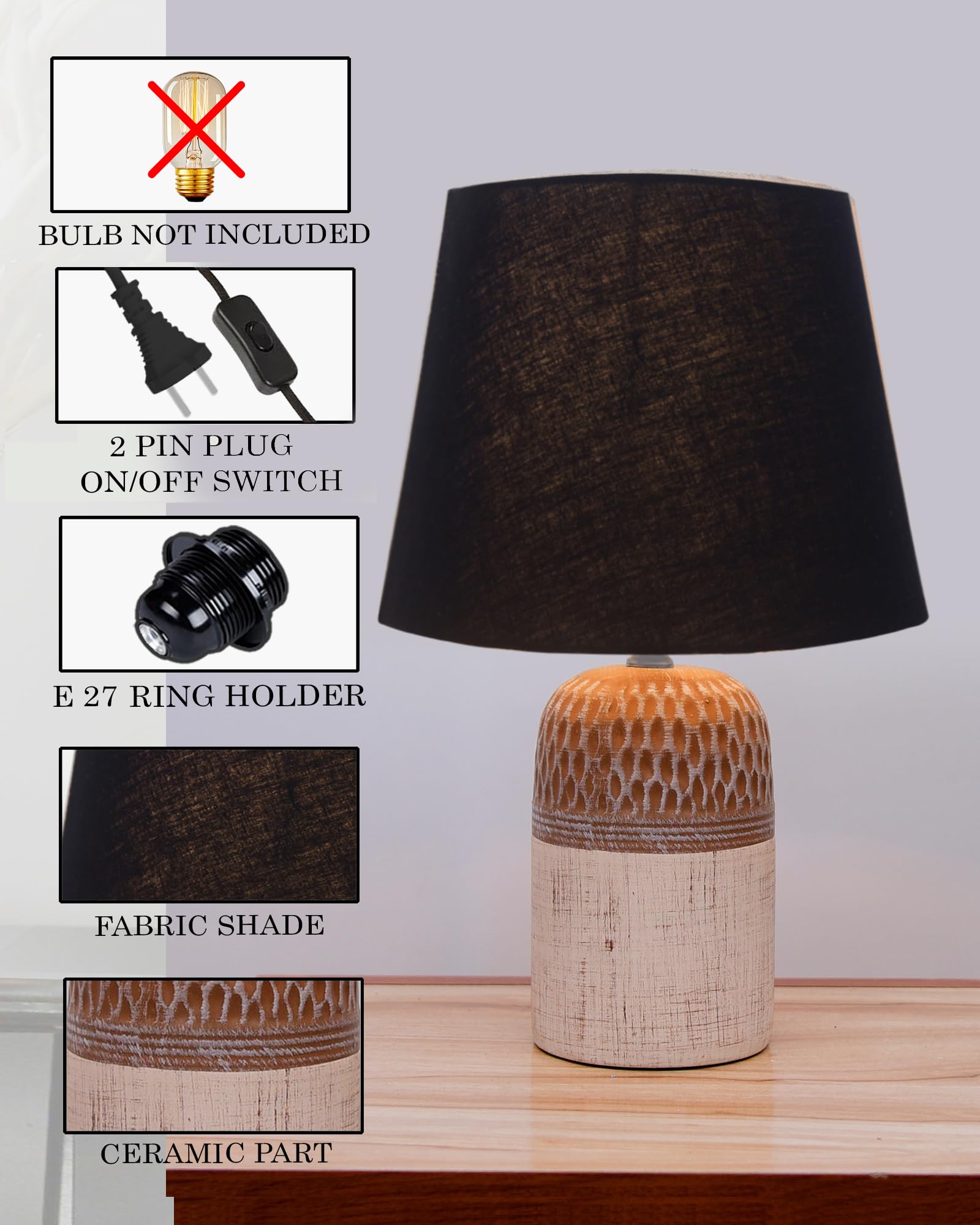 Homesake® Modern Ceramic Table Lamp with Fabric Shade, Minimal Bedside Lamp for Living Room & Bedroom, Brown Carved Honeycomb Pattern, Khadi Frill,