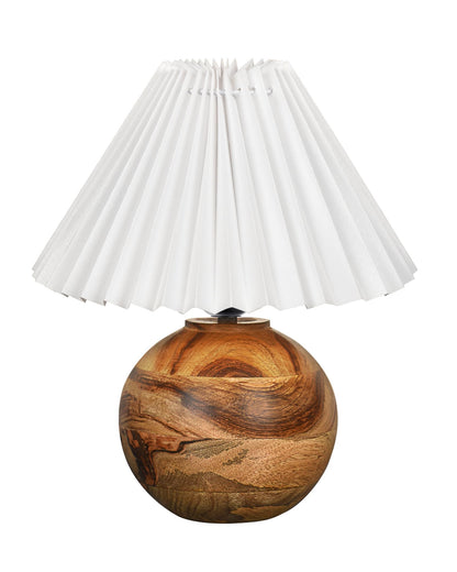 Round Wood Rustic Table Lamp for Bedroom, Living Room, Dining Room, Accent Table, Coffee Table, Nordic Fabric Shade, Pleated Jute