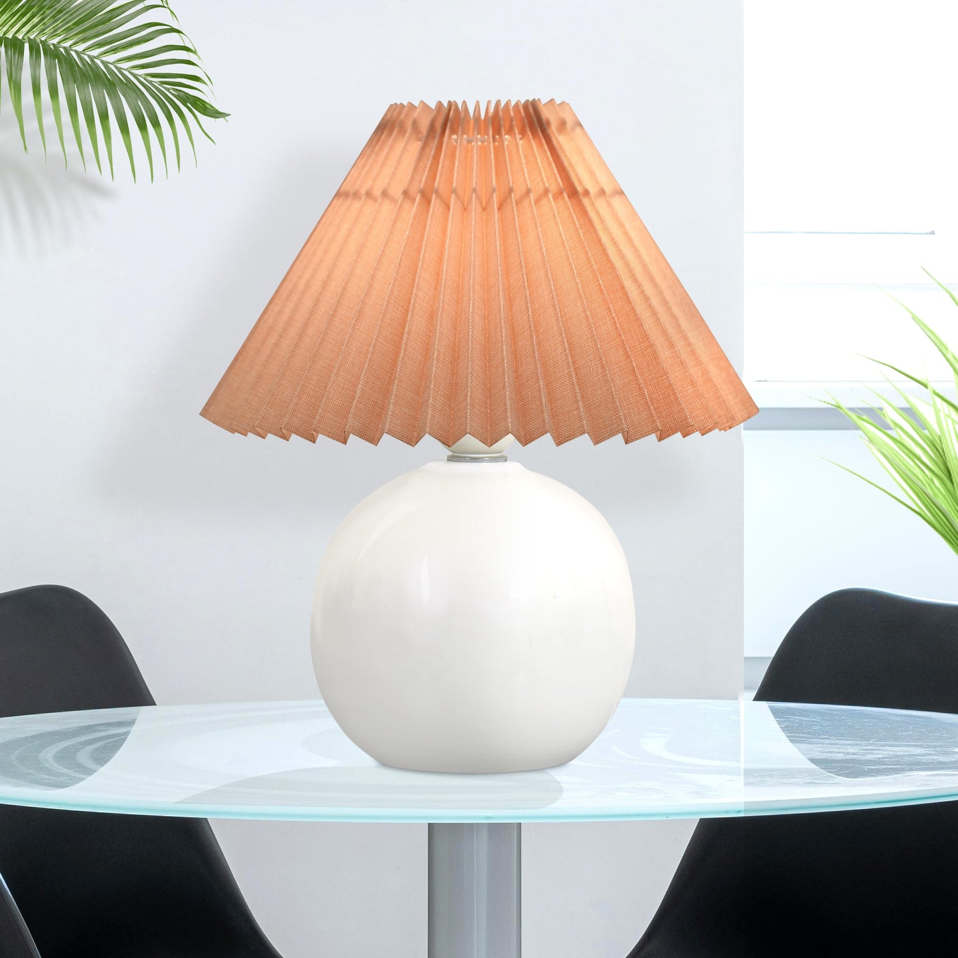 Bedside White Ceramic Table Lamp, Classic Desk lamp for Living Room Bedroom, Farmhouse Nightstand Lamps Round with Jute Pleated Shade