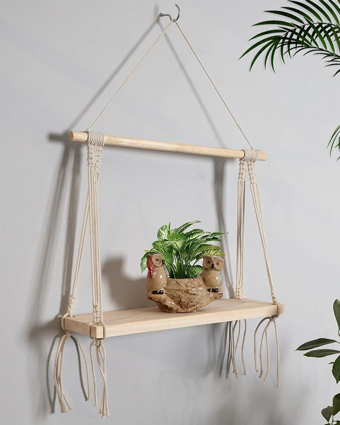 Macrame Wall Hanging Shelf Wood Floating Boho Shelves with Wooden Dowel Modern Chic Hand Woven Art Decor for Apartment Dorm Bedroom Living Room Nursery Beige