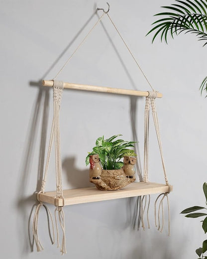 Macrame Wall Hanging Shelf Wood Floating Boho Shelves with Wooden Dowel Modern Chic Hand Woven Art Decor for Apartment Dorm Bedroom Living Room Nursery Beige