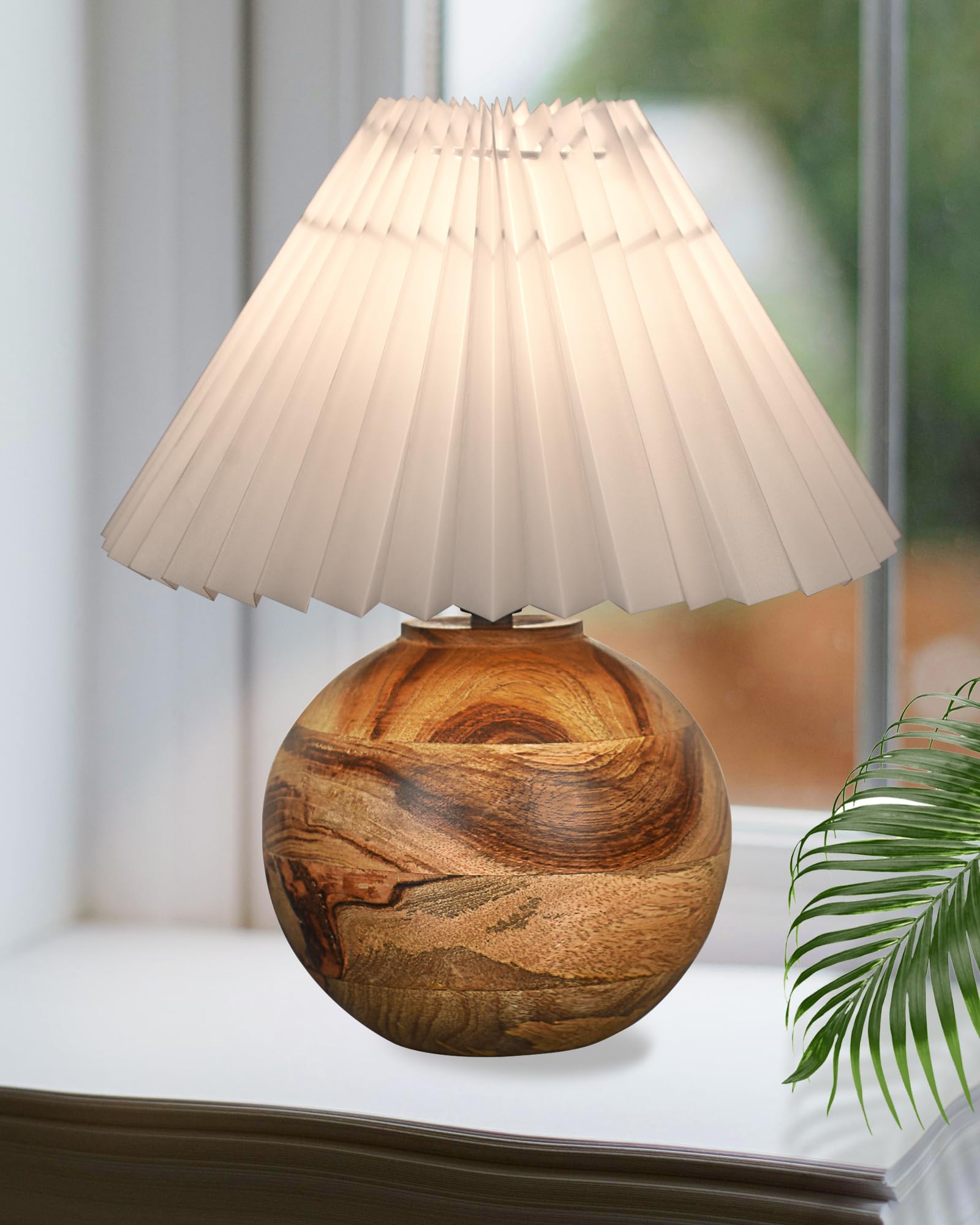 Round Wood Rustic Table Lamp for Bedroom, Living Room, Dining Room, Accent Table, Coffee Table, Nordic Fabric Shade, Pleated Jute