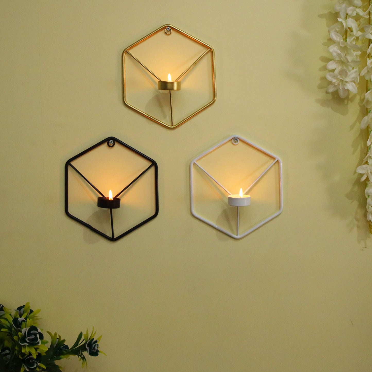 Homesake® Set of 3, Metal Wall Mounted Hexagon Tealight Candle Holder, T-Light Candles, Black, White, Golden (Multi Hexagon Set of 3)