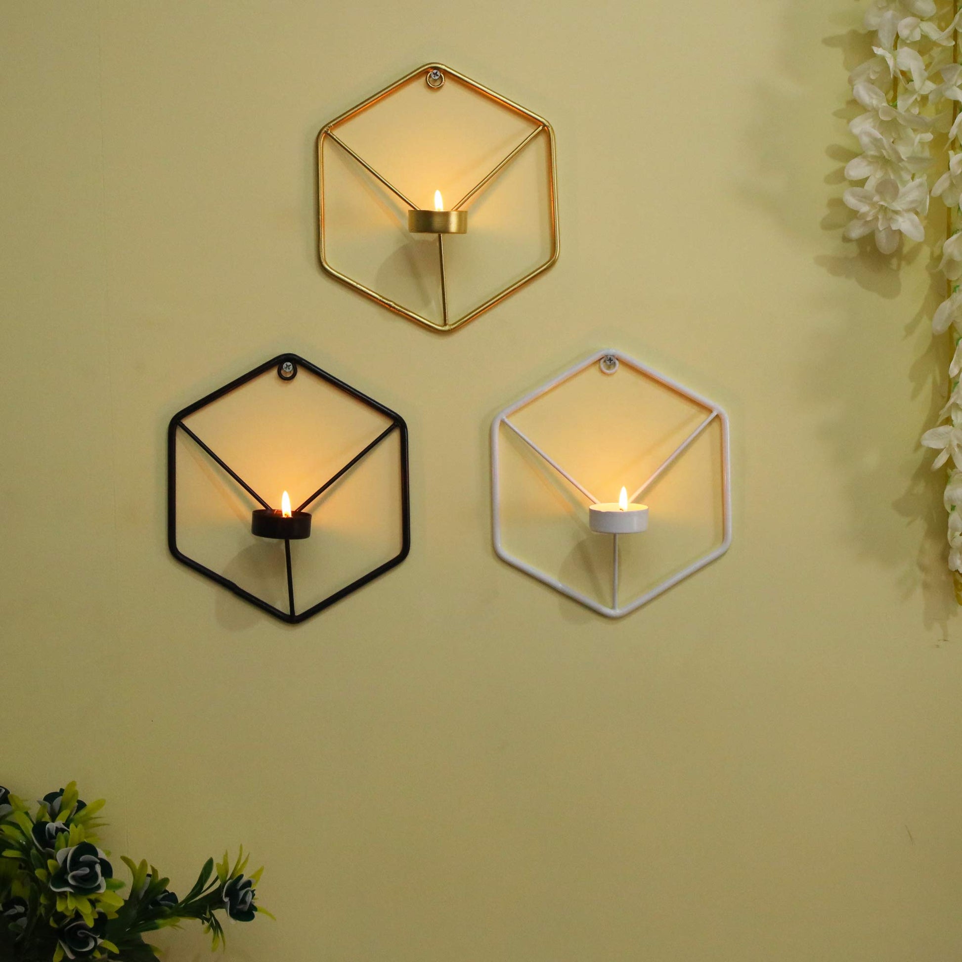 Homesake® Set of 3, Metal Wall Mounted Hexagon Tealight Candle Holder, T-Light Candles, Black, White, Golden (Multi Hexagon Set of 3)