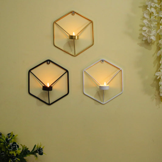 Homesake® Set of 3, Metal Wall Mounted Hexagon Tealight Candle Holder, T-Light Candles, Black, White, Golden (Multi Hexagon Set of 3)
