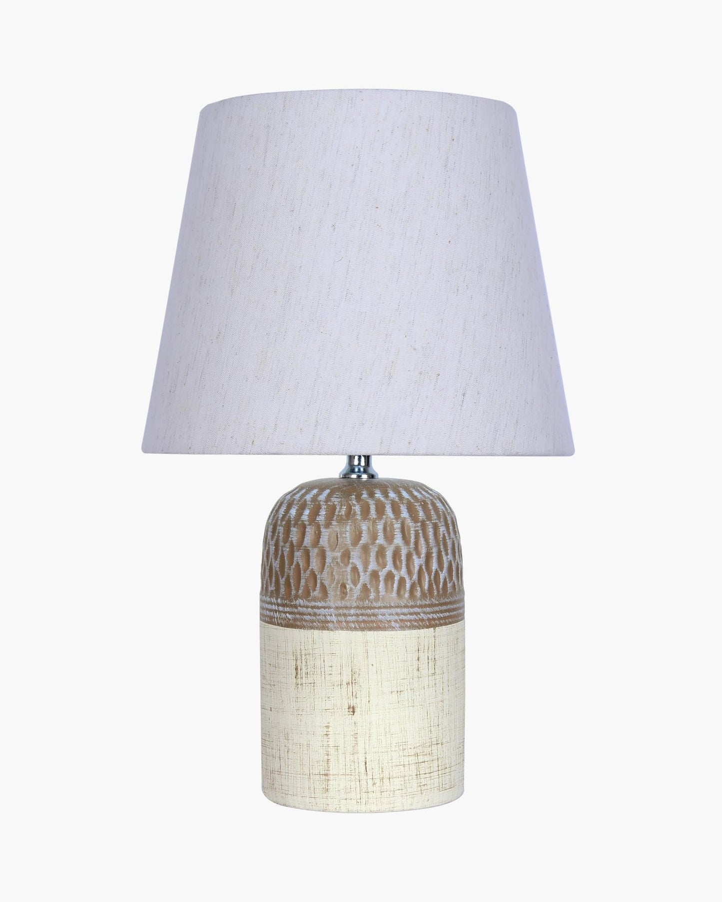Homesake® Modern Ceramic Table Lamp with Fabric Shade, Minimal Bedside Lamp for Living Room & Bedroom, Brown Carved Honeycomb Pattern, Khadi Frill,