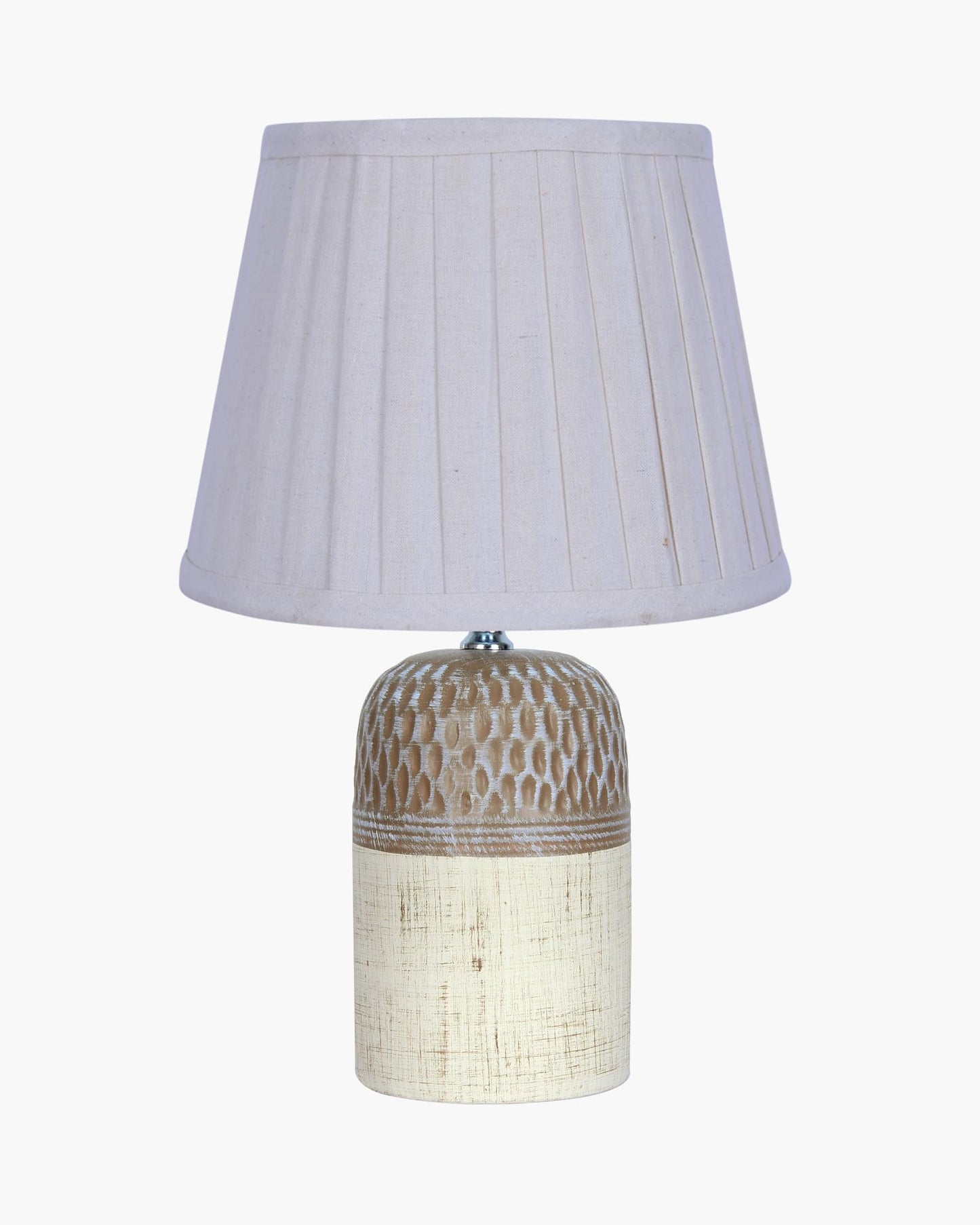 Homesake® Modern Ceramic Table Lamp with Fabric Shade, Minimal Bedside Lamp for Living Room & Bedroom, Brown Carved Honeycomb Pattern, Khadi Frill,