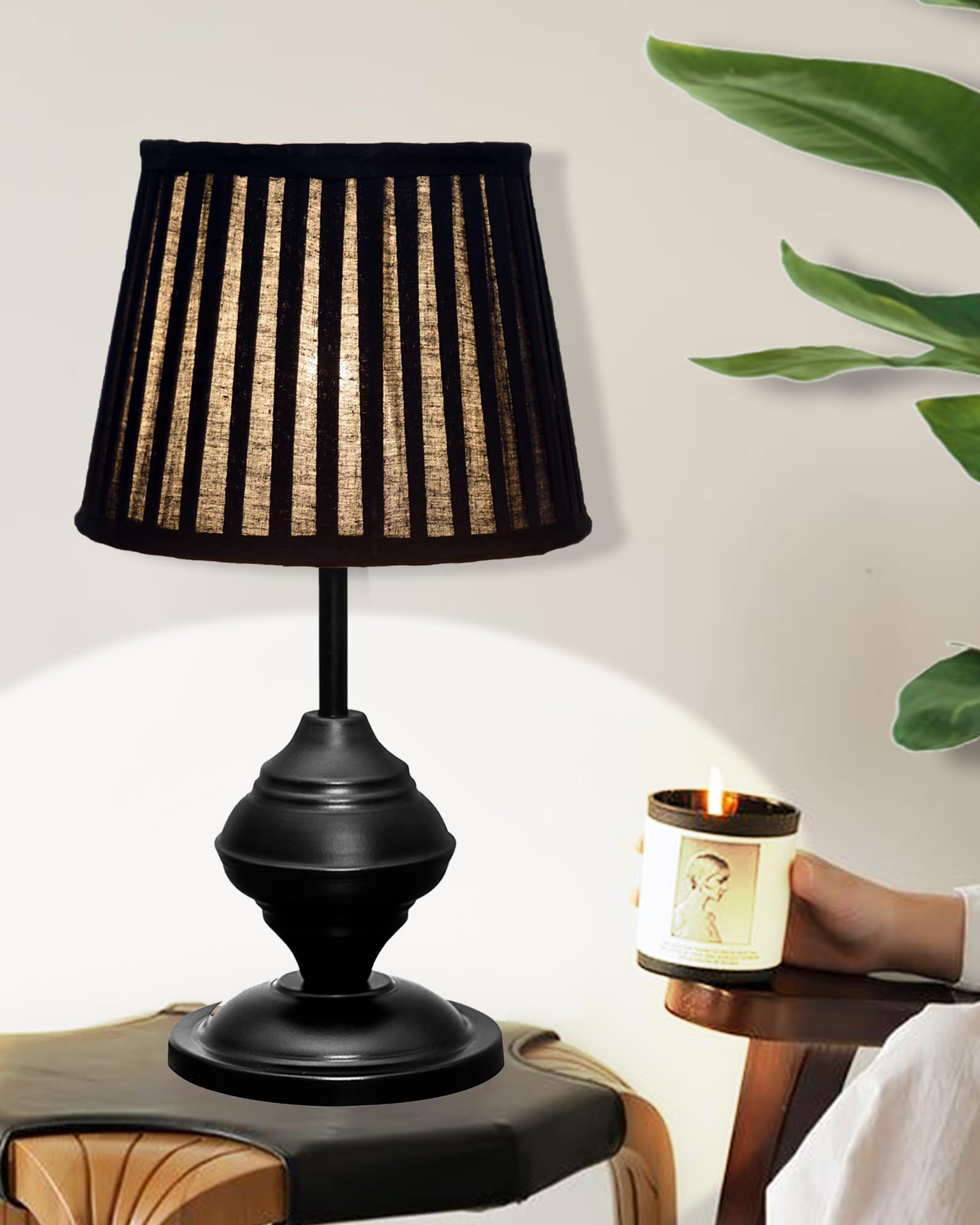 Homesake® Bedside Black Metal Table Lamp With Fabric Shade,Incandescent,E27 Holder,Urn,Desk Lamp,Night Lamp,Office,Nightstand,Table Lamp For Living Room,Study Room,Kids Room,Pleated