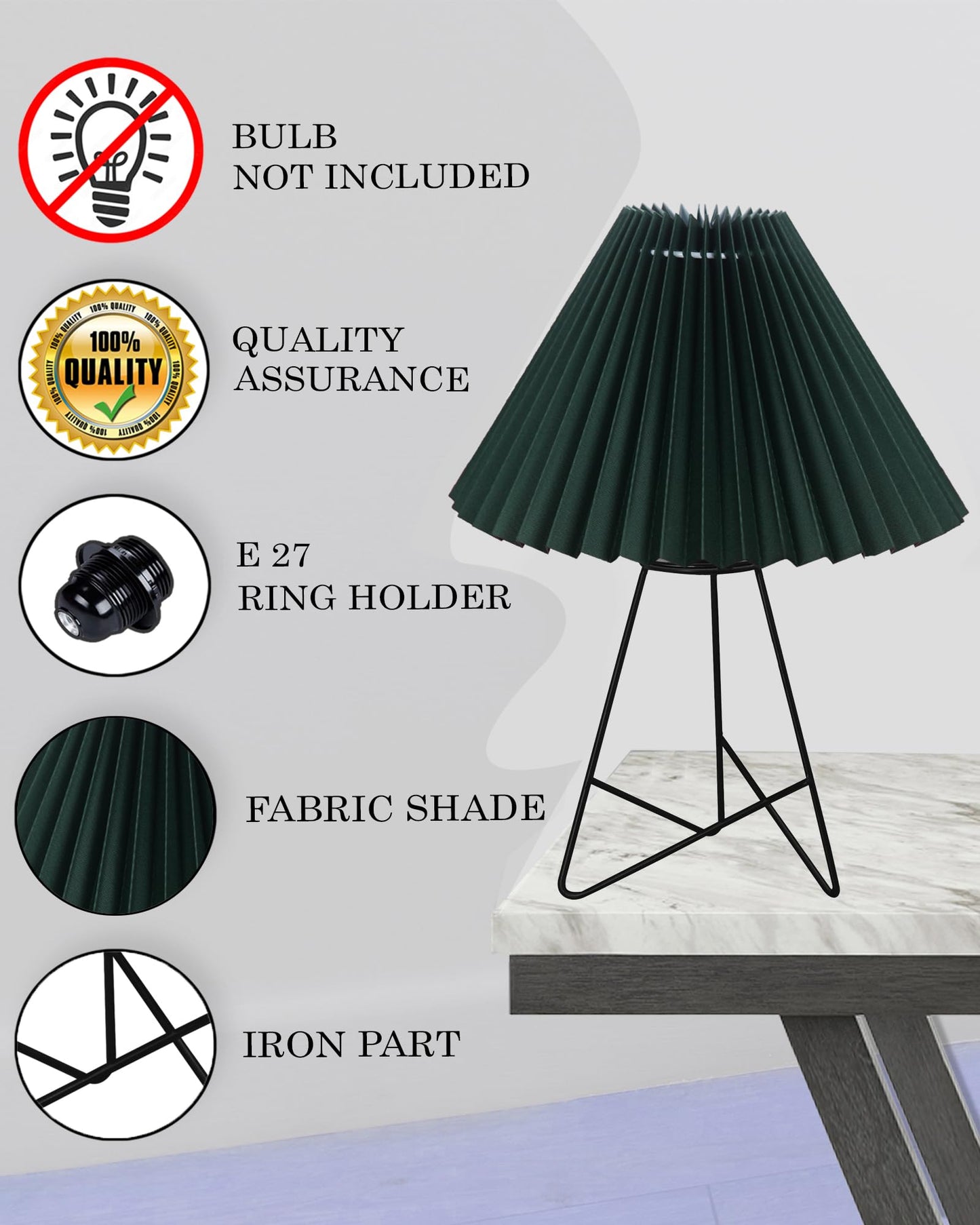 Homesake® Retro Matt Black Table Lamp, Iron Tripod Base, E27 Bulb Holder, Lamps for Bedroom, Bedside, Living Room, Study, Desk, Warm Night Lamp, Light, Pleated Fabricc