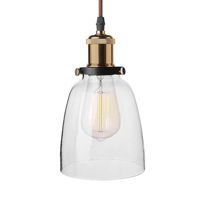 Pendant Light with Bell Glass Shade, Metal Base Cap and Adjustable Textile Cord, Industrial Style Retro Hanging Lamps for Dining Living Room