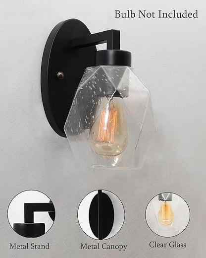 1-Light Wall Sconce Vanity Lighting Bathroom Lamp in Black with Hexa Glass Shades Wall Mounted Light Fixtures for Bedroom Stairs and Kitchen