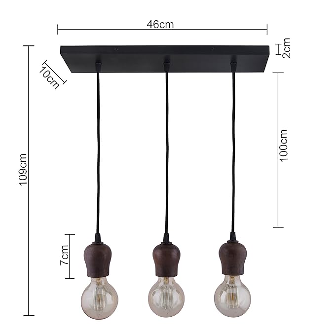 3-lights Linear Cluster Chandelier Edison Filament Wooden Bubble holder hanging Pendant Light, kitchen area and dining room light