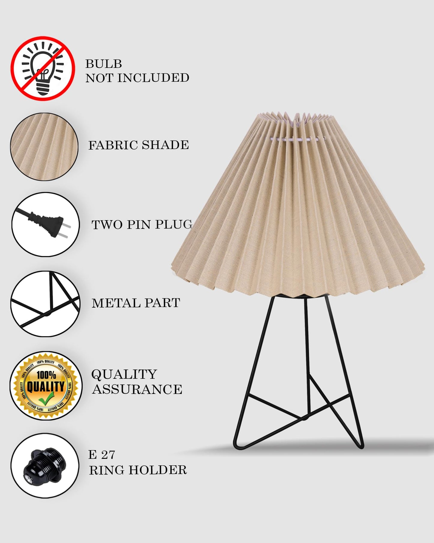 Homesake® Retro Matt Black Table Lamp, Iron Tripod Base, E27 Bulb Holder, Lamps for Bedroom, Bedside, Living Room, Study, Desk, Warm Night Lamp, Light, Pleated Fabricc