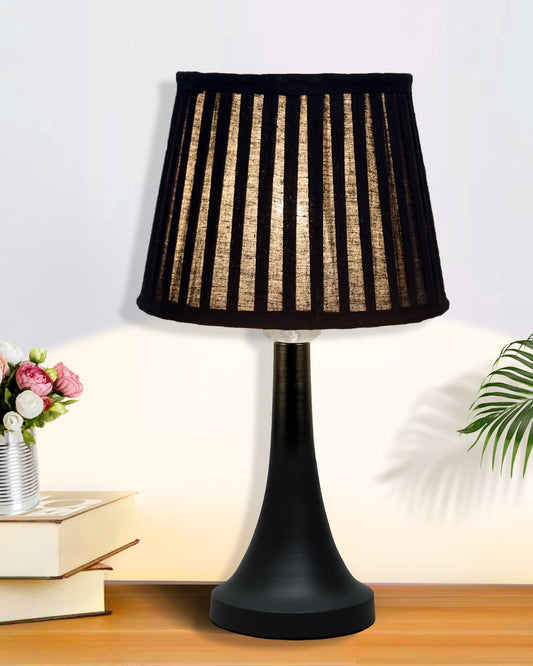 Bedside Black Metal Table Lamp with Fabric Shade, E27 holder, Cone, Pleated Jute Shade