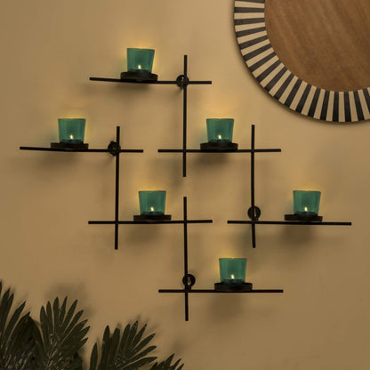 Homesake® White Scorching Ladder with Six Votive Blue, Wall Hanging Candle Tealight Holder, Set of 2