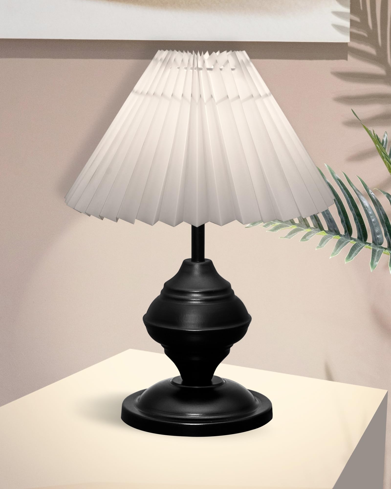 Bedside Black Metal Table Lamp with Fabric Shade, E27 holder, Urn, Pleated Jute Shade