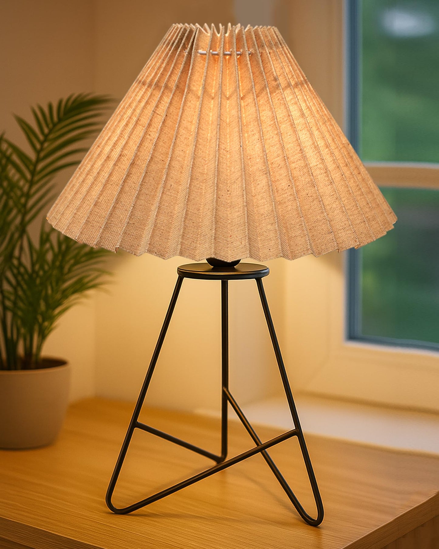 Homesake® Retro Matt Black Table Lamp, Iron Tripod Base, E27 Bulb Holder, Lamps for Bedroom, Bedside, Living Room, Study, Desk, Warm Night Lamp, Light, Pleated Fabricc