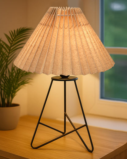 Homesake® Retro Matt Black Table Lamp, Iron Tripod Base, E27 Bulb Holder, Lamps for Bedroom, Bedside, Living Room, Study, Desk, Warm Night Lamp, Light, Pleated Fabricc