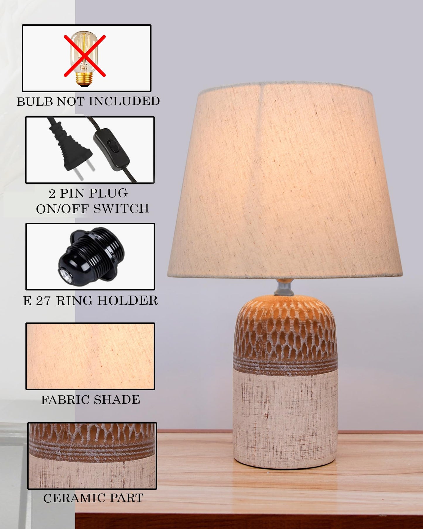 Homesake® Modern Ceramic Table Lamp with Fabric Shade, Minimal Bedside Lamp for Living Room & Bedroom, Brown Carved Honeycomb Pattern, Khadi Frill,