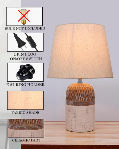Homesake® Modern Ceramic Table Lamp with Fabric Shade, Minimal Bedside Lamp for Living Room & Bedroom, Brown Carved Honeycomb Pattern, Khadi Frill,