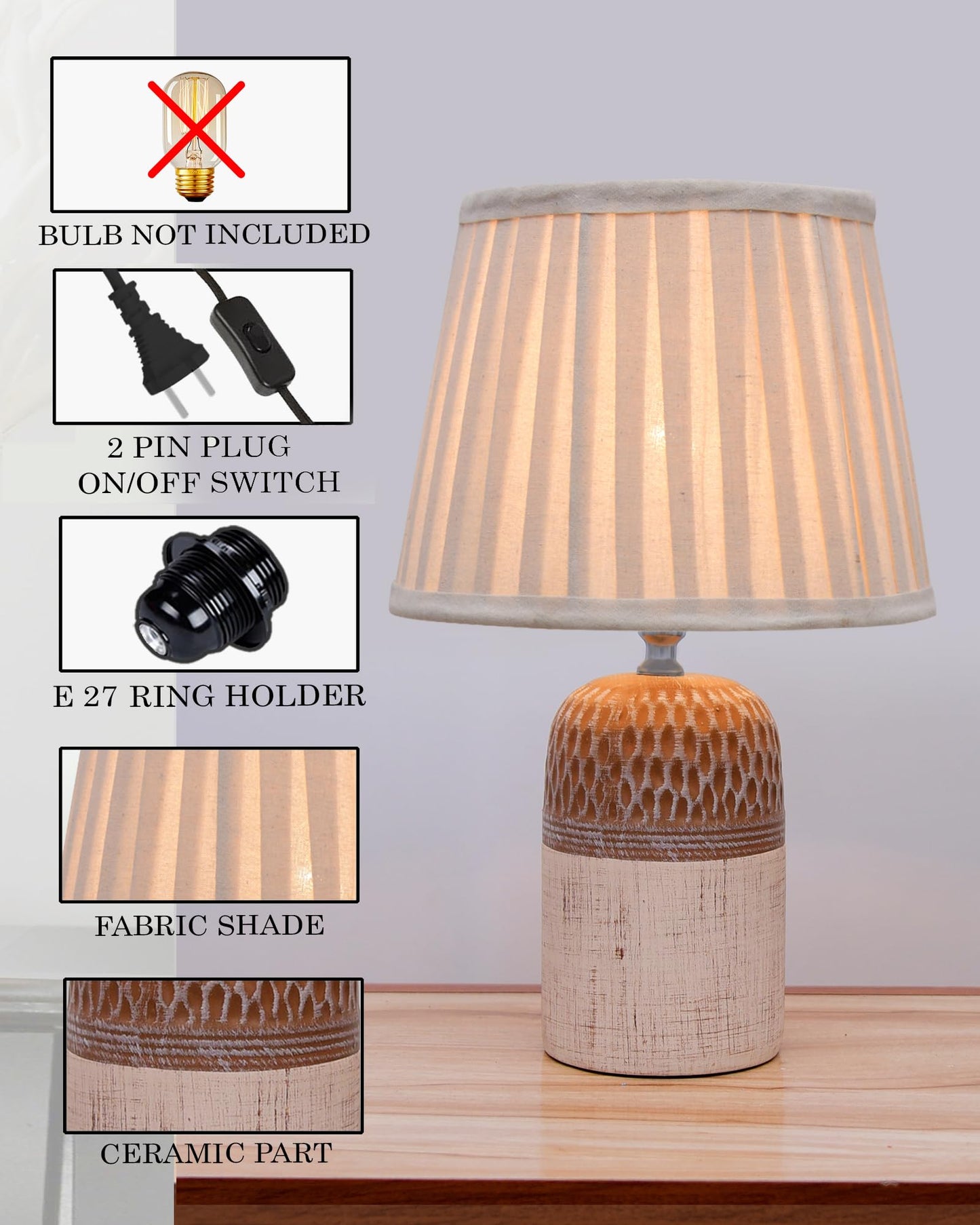 Homesake® Modern Ceramic Table Lamp with Fabric Shade, Minimal Bedside Lamp for Living Room & Bedroom, Brown Carved Honeycomb Pattern, Khadi Frill,