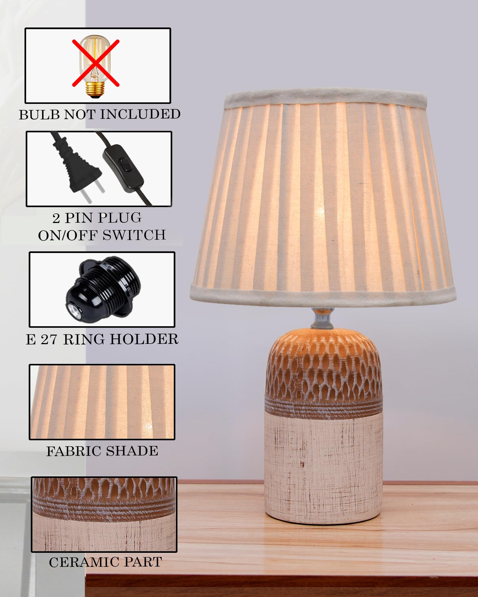 Homesake® Modern Ceramic Table Lamp with Fabric Shade, Minimal Bedside Lamp for Living Room & Bedroom, Brown Carved Honeycomb Pattern, Khadi Frill,