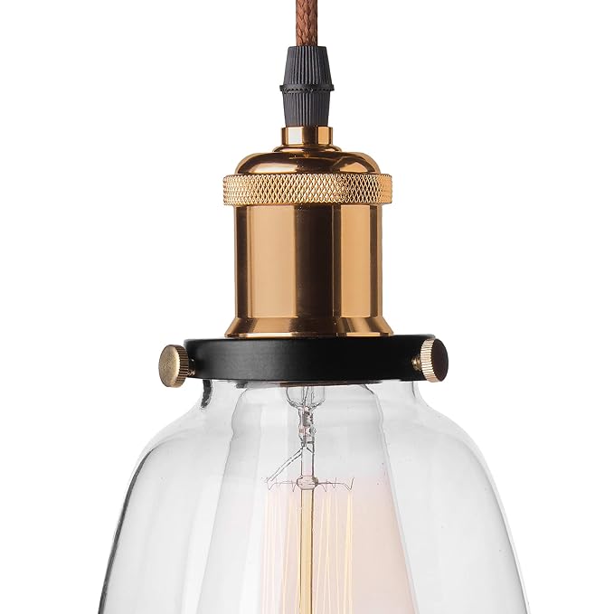 Pendant Light with Bell Glass Shade, Metal Base Cap and Adjustable Textile Cord, Industrial Style Retro Hanging Lamps for Dining Living Room