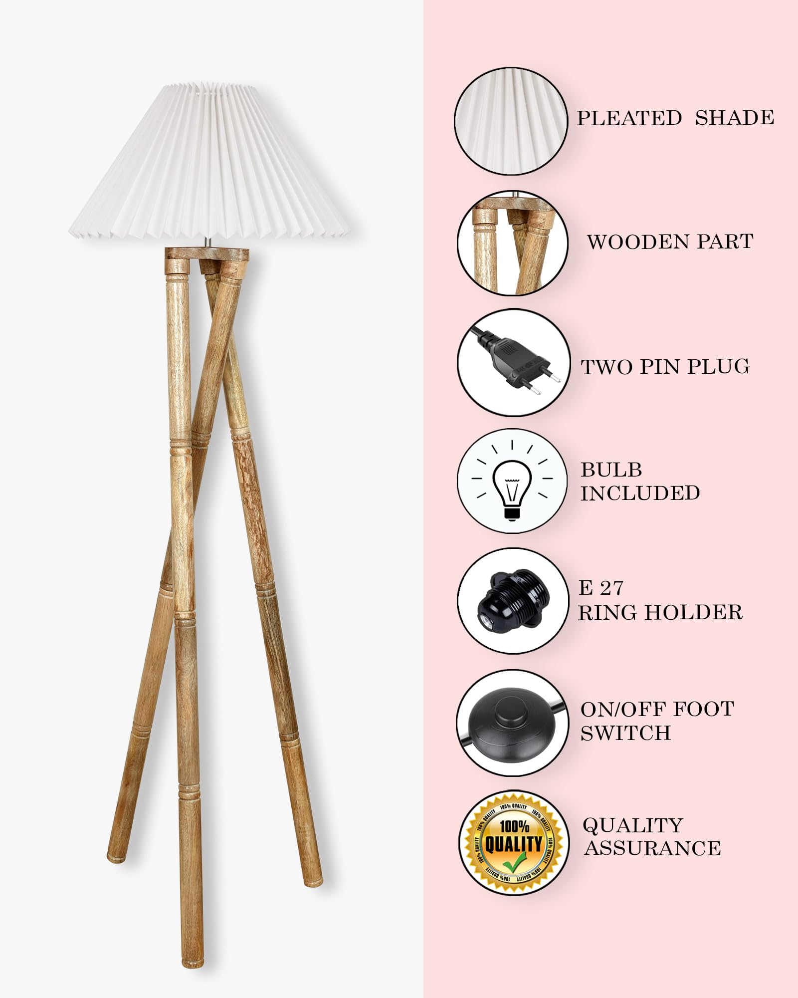 Cross-leg Wood Tripod Floor Lamp, Mid Century Standing Lamp, E27 Lamp Base, With Shade Modern Design Floor Reading Lamp for Living Room Bedroom, Study Room and Office