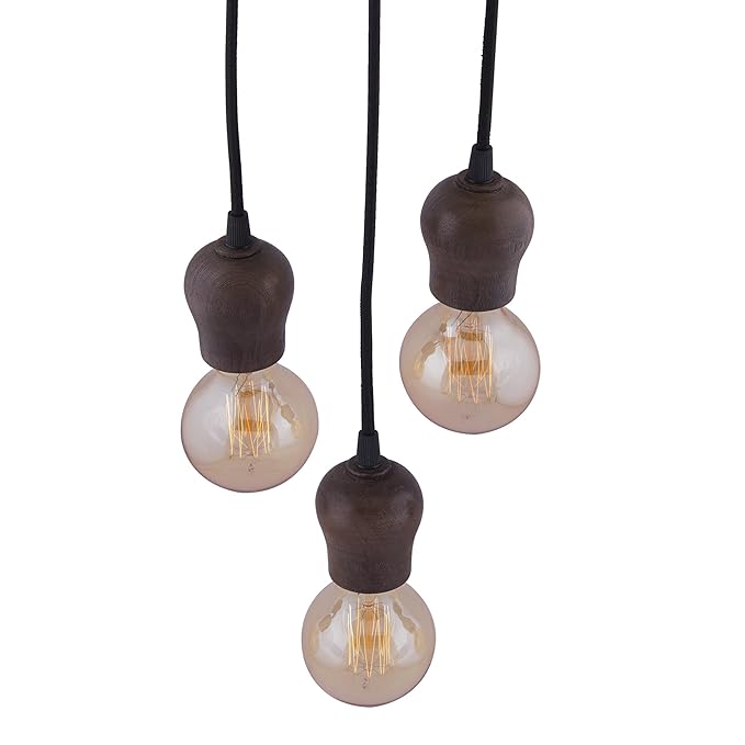 3-lights Round Cluster Chandelier Edison Filament Wooden Bubble holder Hanging Pendant Light with Braided Cord