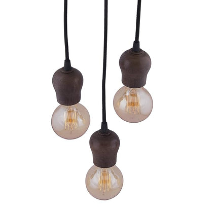 3-lights Round Cluster Chandelier Edison Filament Wooden Bubble holder Hanging Pendant Light with Braided Cord